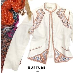 Nature Cream Linen Orange Blue Embroidered Linen Rayon Blazer Jacket Sz M